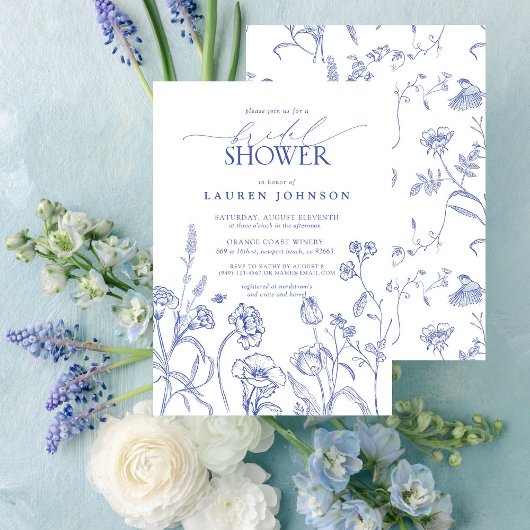 Invitation Fête des mariées de fleurs de jardin bleu et blanc