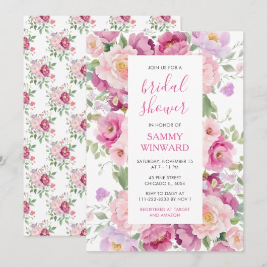 Invitation Fête des mariées de fleurs de pivoines roses et vi (Devant / Derrière)