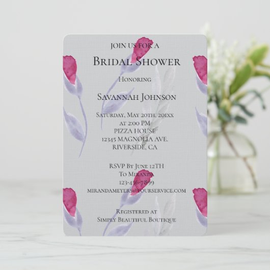 Invitation Fête des mariées de fleurs rose gris (Debout devant)