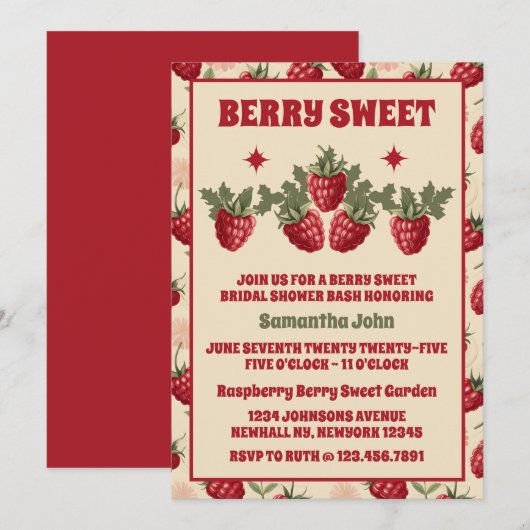 Invitation Fête des mariées de framboise rétro (Devant / Derrière)