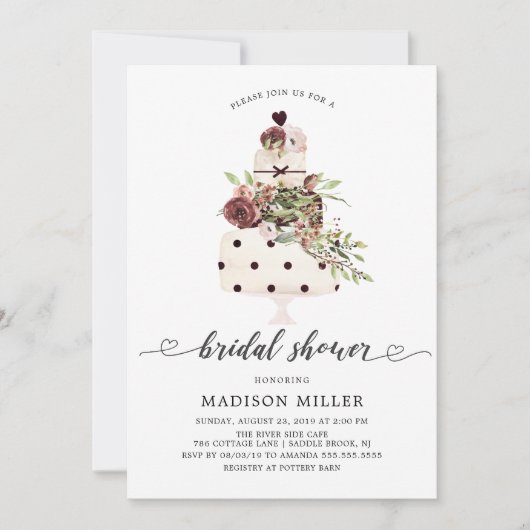 Invitation Fête des mariées de gâteau floral moderne Marsala (Devant)