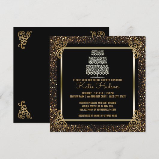 Invitation Fête des mariées de gâteau Mariage d'or noir éléga (Devant / Derrière)