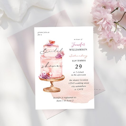 Invitation Fête des mariées de gâteau rose avec rose