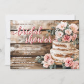 Invitation Fête des mariées de gâteau rustique en bois et ros (Devant)