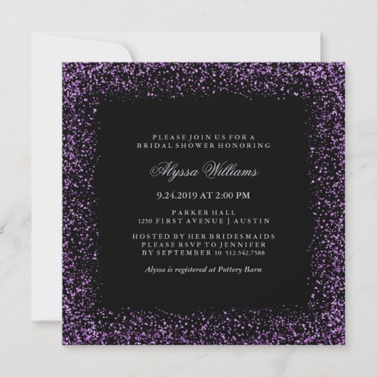 Invitation Fête des mariées de glam Confetti violet en argent (Devant)