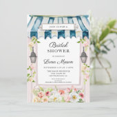 Invitation Fête des mariées de jardin fleuri rose et bleu (Debout devant)