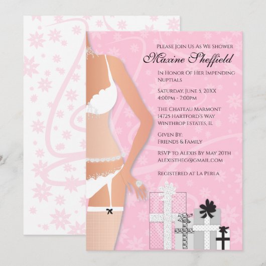 Invitation Fête des mariées de lingerie diamant rose et blanc (Devant / Derrière)