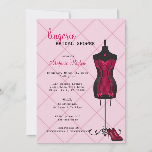 Invitation Fête des mariées de lingerie en dentelle rose et n (Devant)