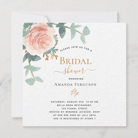 Invitation Fête des mariées de luxe fleurie rose or rose (Devant)