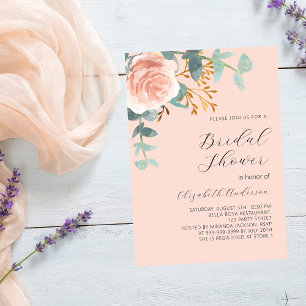 Invitation Fête des mariées de luxe pêche rose à fleurs or