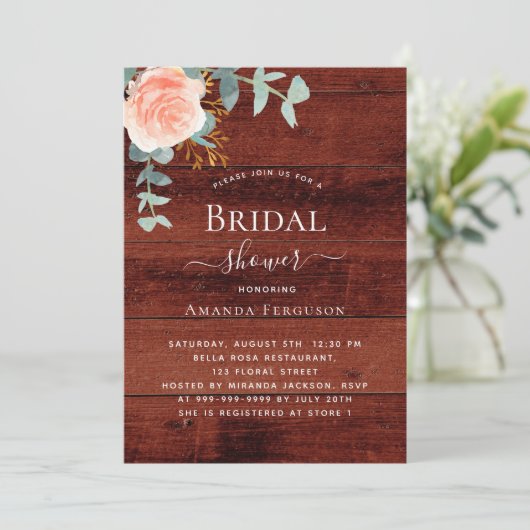 Invitation Fête des mariées de luxe rose or fleuri brun bois (Debout devant)