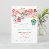 Invitation Fête des mariées de maisons d'oiseaux floraux rose (Debout devant)
