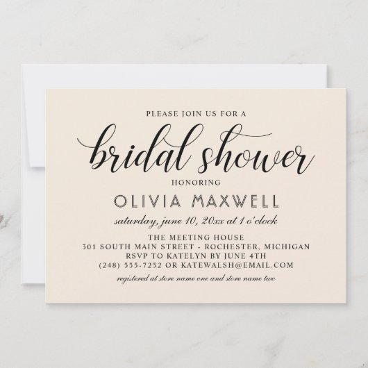 Invitation Fête des mariées de Mariage à script noir de crème (Devant)
