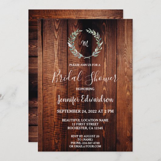 Invitation Fête des mariées de monogramme feuille rustique (Devant / Derrière)