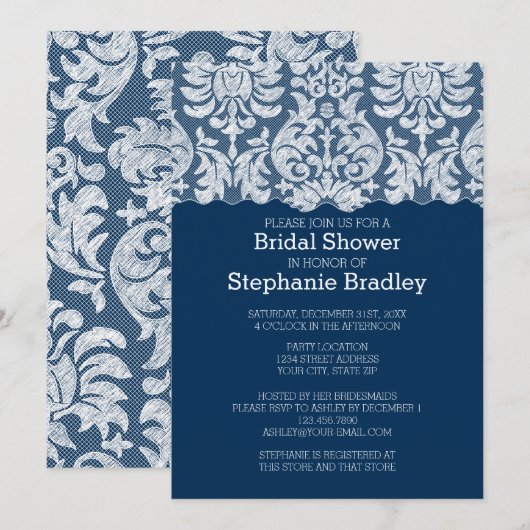 Invitation Fête des mariées de motif de Damas de dentelle bla (Devant / Derrière)