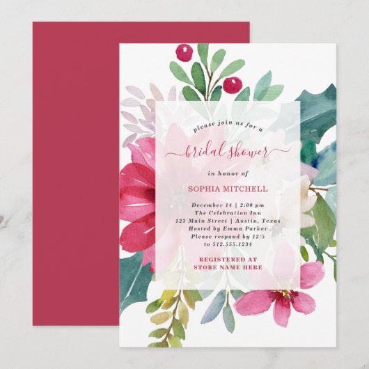 Invitation Fête des mariées de Noël | Floral brillant (Devant / Derrière)