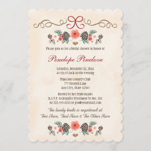 Invitation Fête des mariées de Noël vintage Florale Pinecone