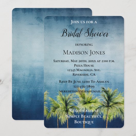 Invitation Fête des mariées de palmiers tropicaux bleu gris (Devant / Derrière)