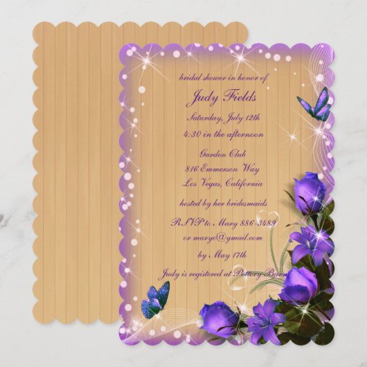 Invitation Fête des mariées de papillon floral violet en bois (Devant / Derrière)