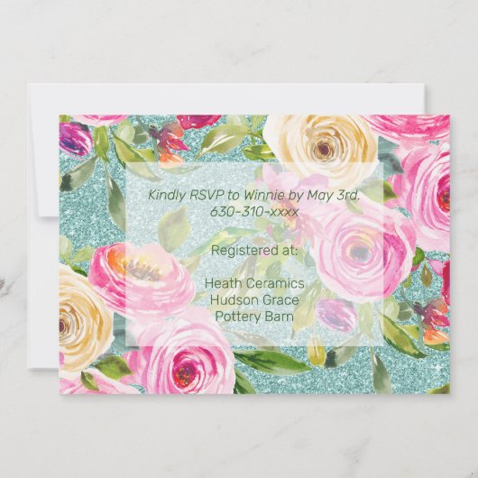 Invitation Fête des mariées de Parties scintillant Aqua Roses (Dos)