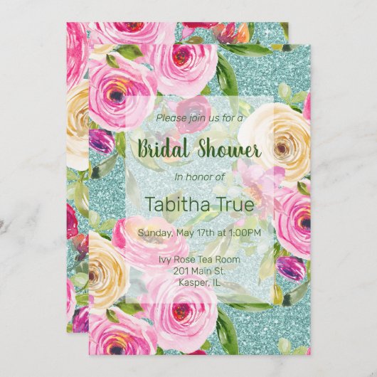 Invitation Fête des mariées de Parties scintillant Aqua Roses (Devant / Derrière)