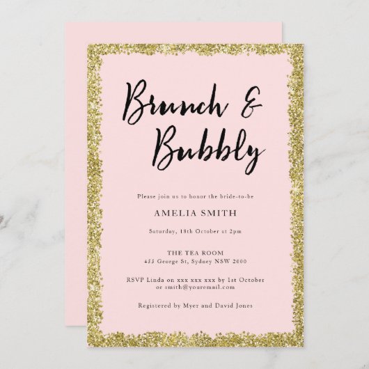 Invitation Fête des mariées de Parties scintillant rose et or (Devant / Derrière)