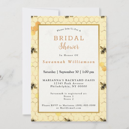 Invitation Fête des mariées de peigne d'abeilles jaune or (Devant)