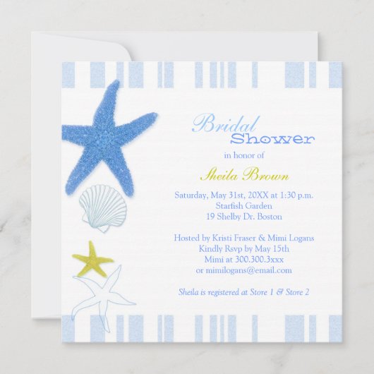 Invitation Fête des mariées de plage Blue Starfish & Stripes (Devant)