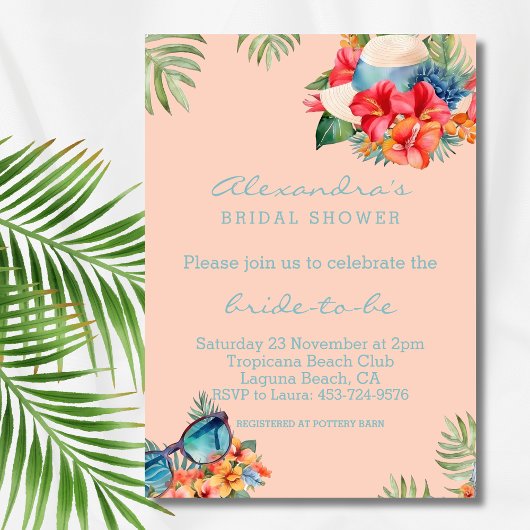 Invitation Fête des mariées de plage rose florale tropicale