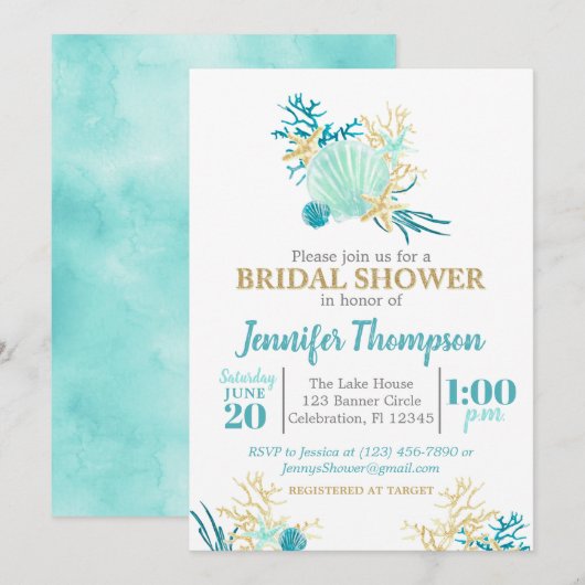 Invitation Fête des mariées de plage Turquoise et or aquarell (Devant / Derrière)