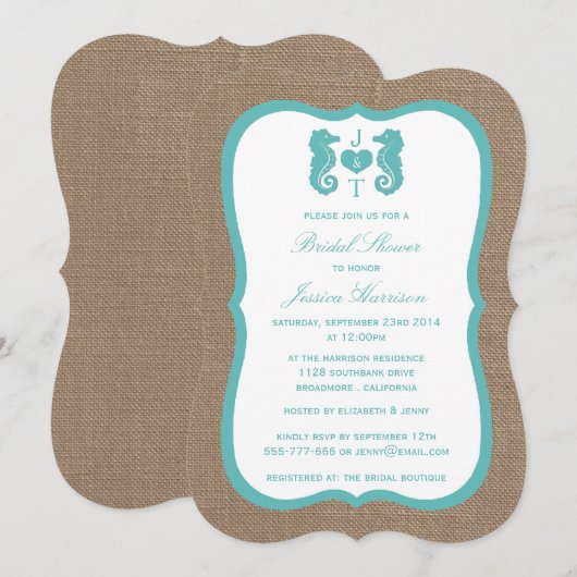 Invitation Fête des mariées de plage Turquoise Monogram Seaho (Devant / Derrière)