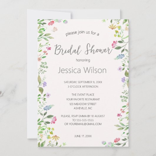 Invitation Fête des mariées de prairie florale aquarelle (Devant)