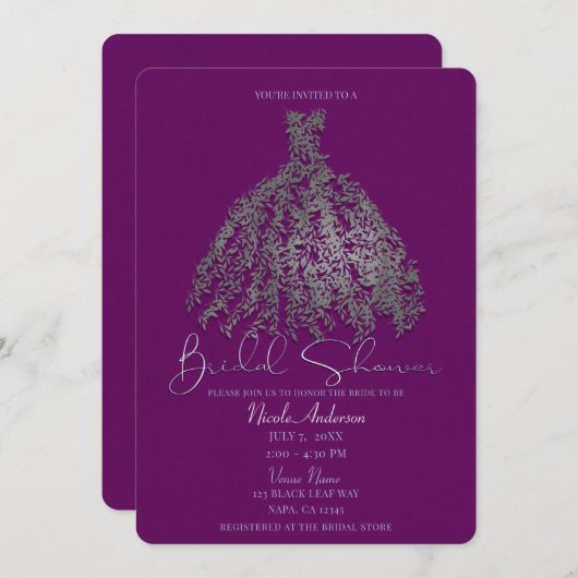 Invitation Fête des mariées de robe Feuille en argent violet (Devant / Derrière)