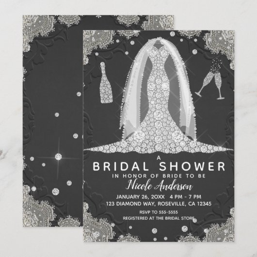 Invitation Fête des mariées de robe Mariage en diamant noir & (Devant / Derrière)