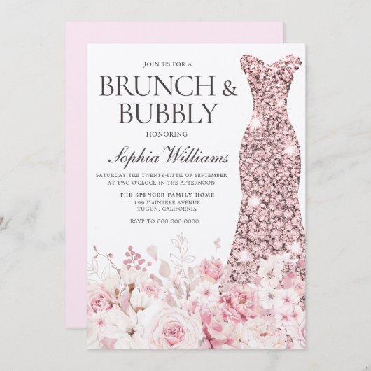 Invitation Fête des mariées de robe Rose pâle Brunch & Bubbly (Devant / Derrière)