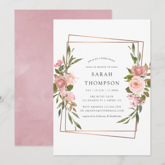 Invitation Fête des mariées de Rose d'aquarelle or géométriqu (Devant / Derrière)