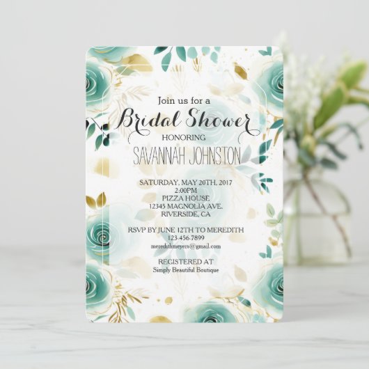 Invitation Fête des mariées de Rose Mint Green White Gold (Debout devant)