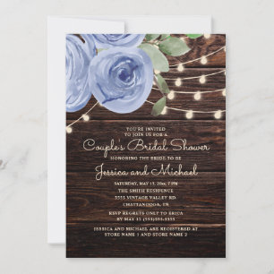 Invitation Fête des mariées de Rustic Wood Blue Floral Couple