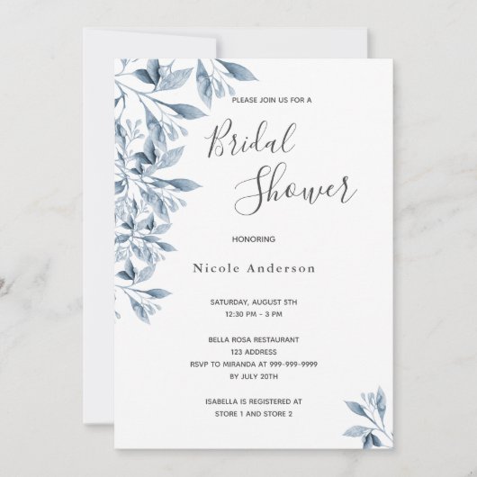 Invitation Fête des mariées de script botanique blanc bleu (Devant)