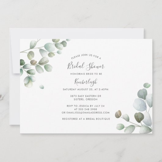 Invitation Fête des mariées de script botanique Eucalyptus (Devant)