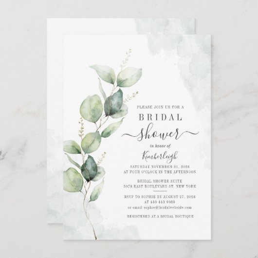 Invitation Fête des mariées de script botanique Eucalyptus Fo (Devant / Derrière)