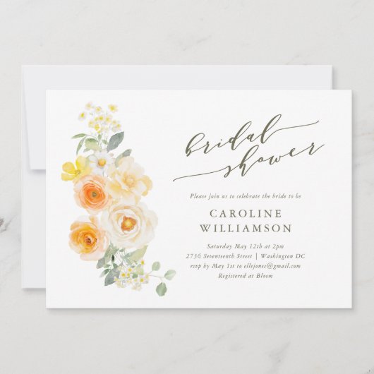 Invitation Fête des mariées de script d'aquarelle jaune doux (Devant)