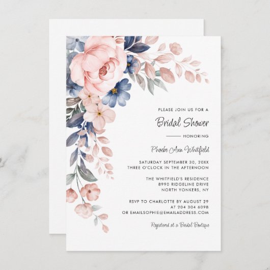 Invitation Fête des mariées de script de fleurs bleu rose (Devant / Derrière)