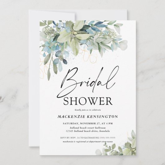Invitation Fête des mariées de script Dusty Blue Eucalyptus (Devant)