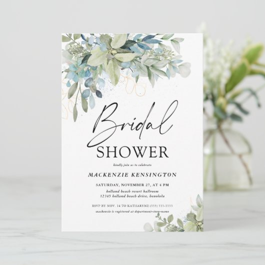 Invitation Fête des mariées de script Dusty Blue Eucalyptus (Debout devant)