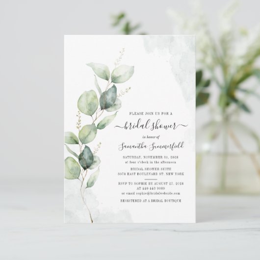 Invitation Fête des mariées de script Eucalyptus aquarelle (Debout devant)