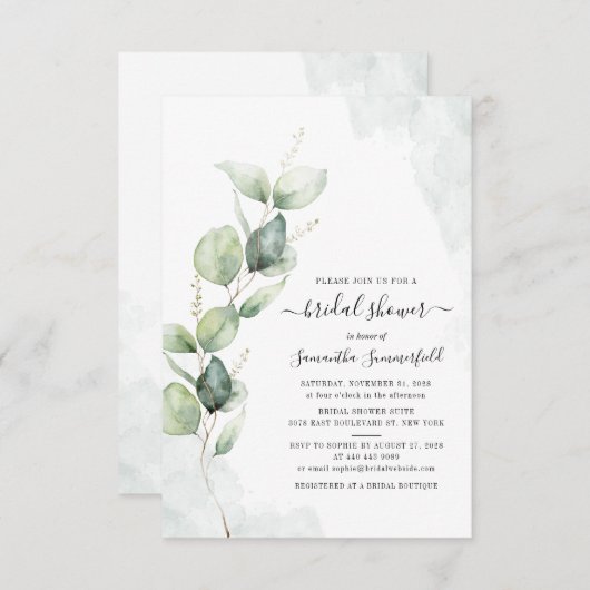 Invitation Fête des mariées de script Eucalyptus aquarelle (Devant / Derrière)