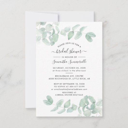 Invitation Fête des mariées de script Eucalyptus aquarelle (Devant)