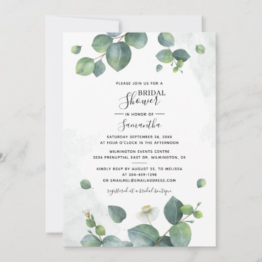 Invitation Fête des mariées de script Eucalyptus aquarelle (Devant)