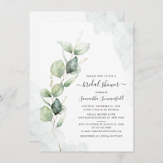 Invitation Fête des mariées de script Eucalyptus botanique (Devant / Derrière)